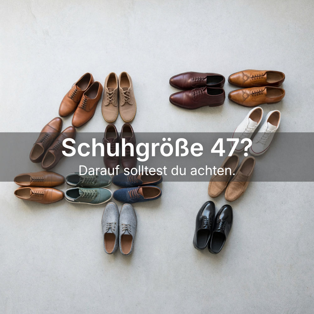 Verschiedene Herrenschuhe bilden die Zahl 47 auf Betonboden