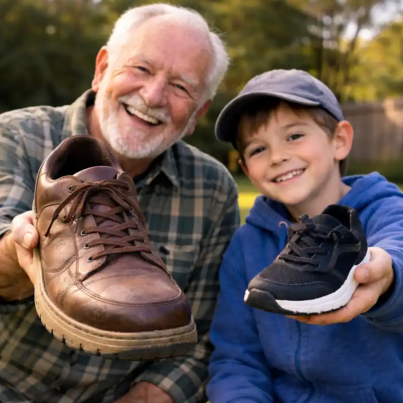 Opa mit Enkel zeigen ihre Schuhe in Übergröße und Untergröße